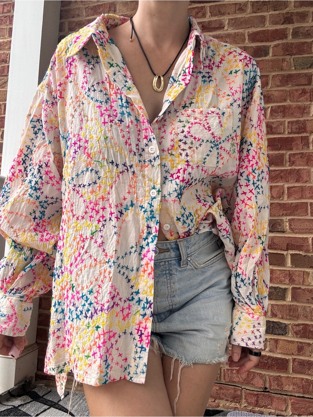 Women’s Multicolor Embroidered Button-Up Shirt Jaded Gypsy Boho